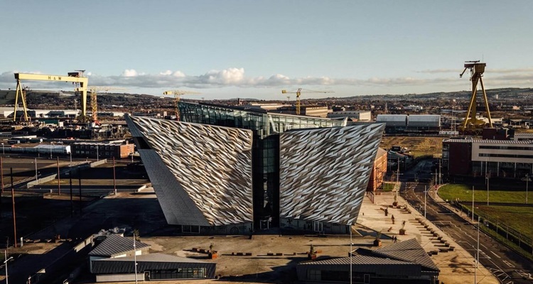 Belfast-Titanic Titanic Belfast with Samson and Goliath in the background in Belfast City